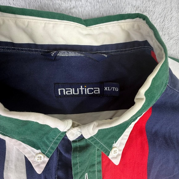 Nautica Mens Short Sleeve Button Down Shirt XL Multi Color Stripe Pocket Logo - Picture 2 of 4